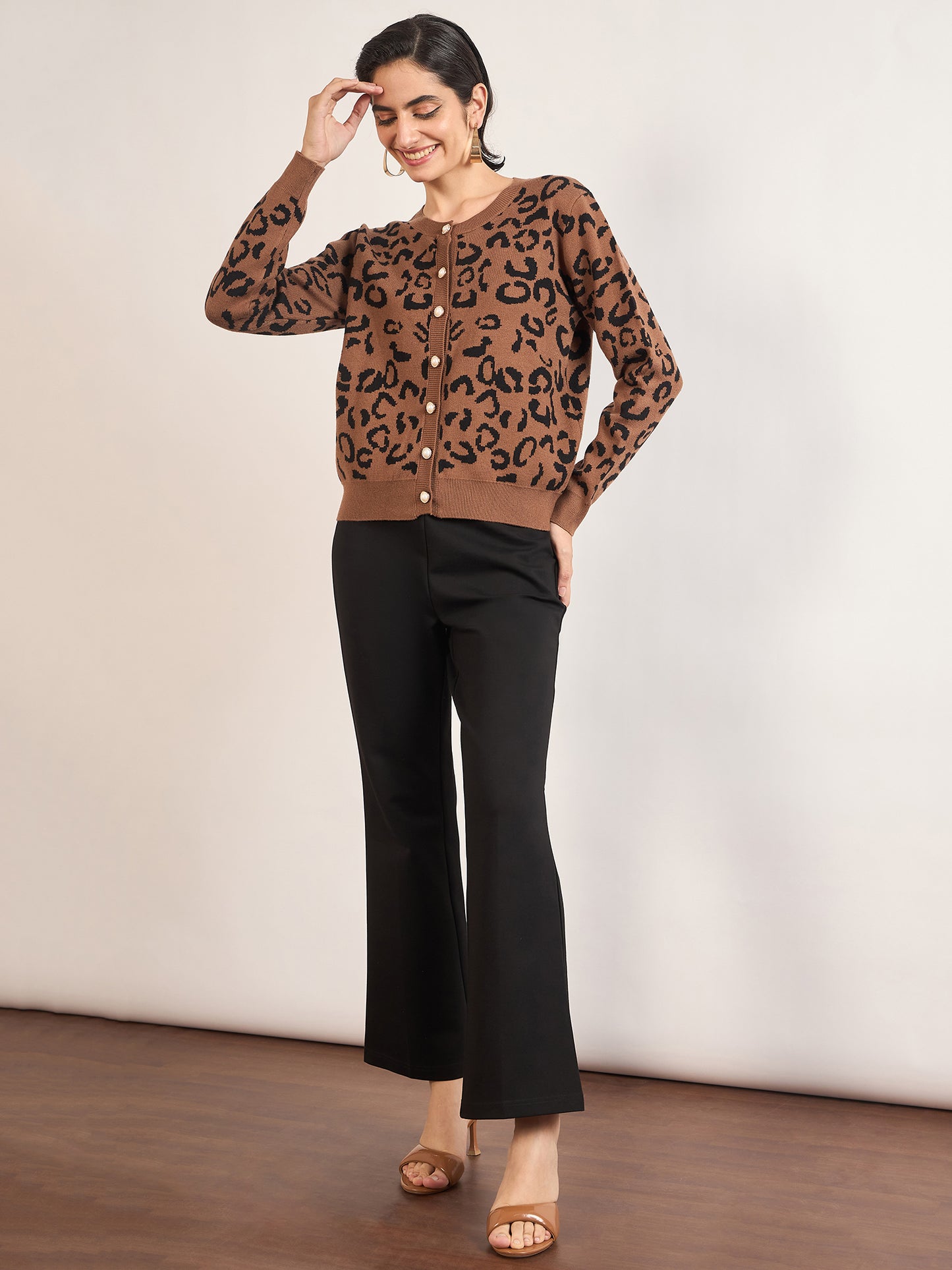 Khaki Cotton Knitted Animal Printed Sweater