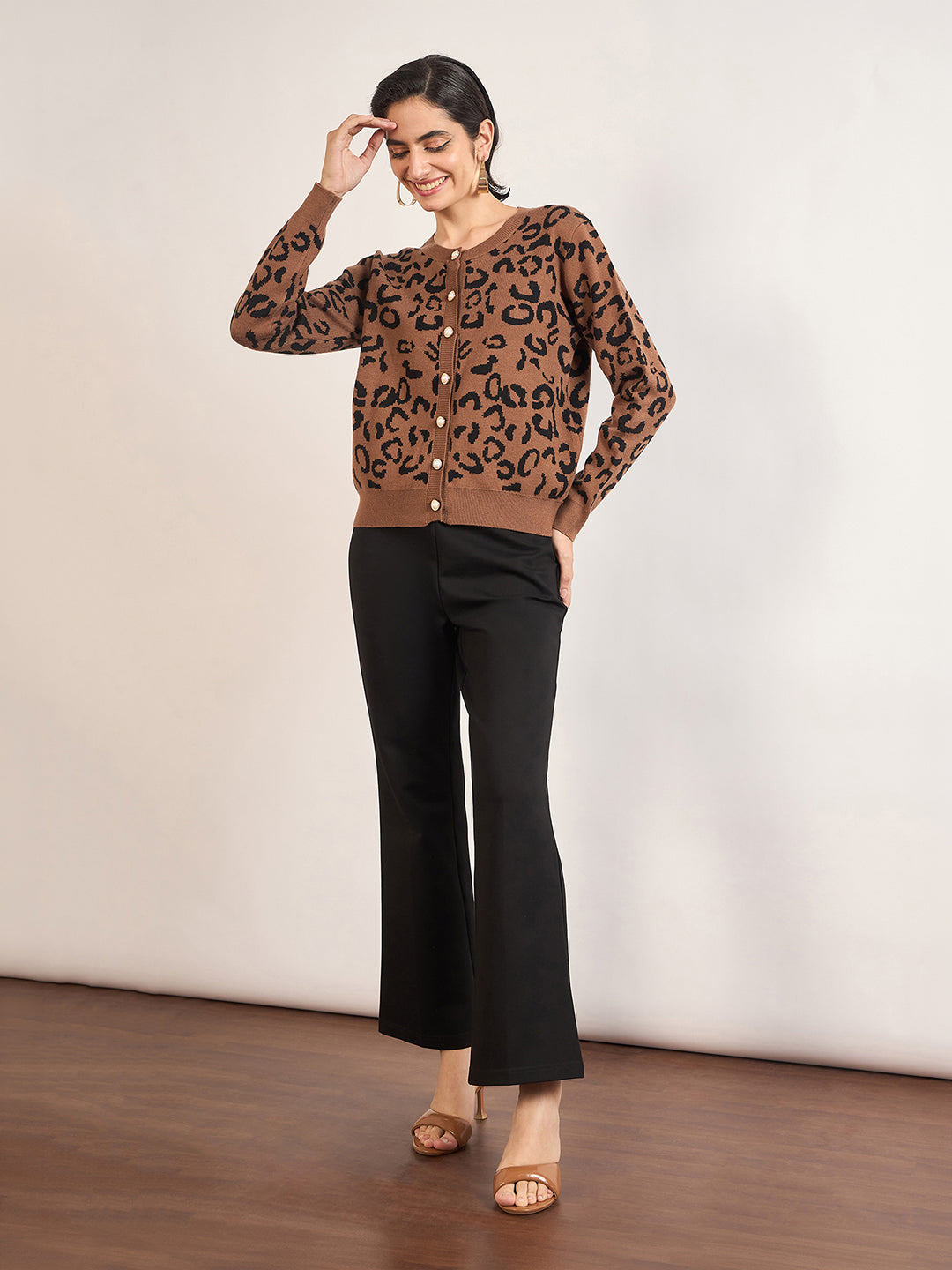 Khaki Cotton Knitted Animal Printed Sweater