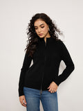 Black Jacquard Front-Zip Cardigan
