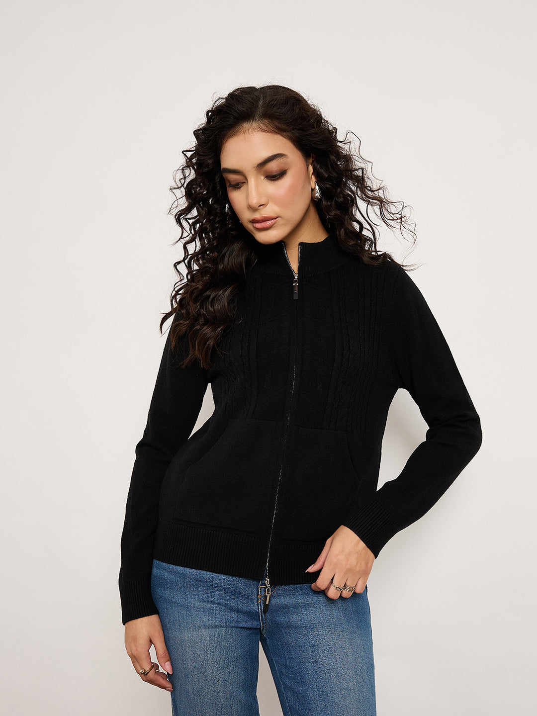 Black Jacquard Front-Zip Cardigan