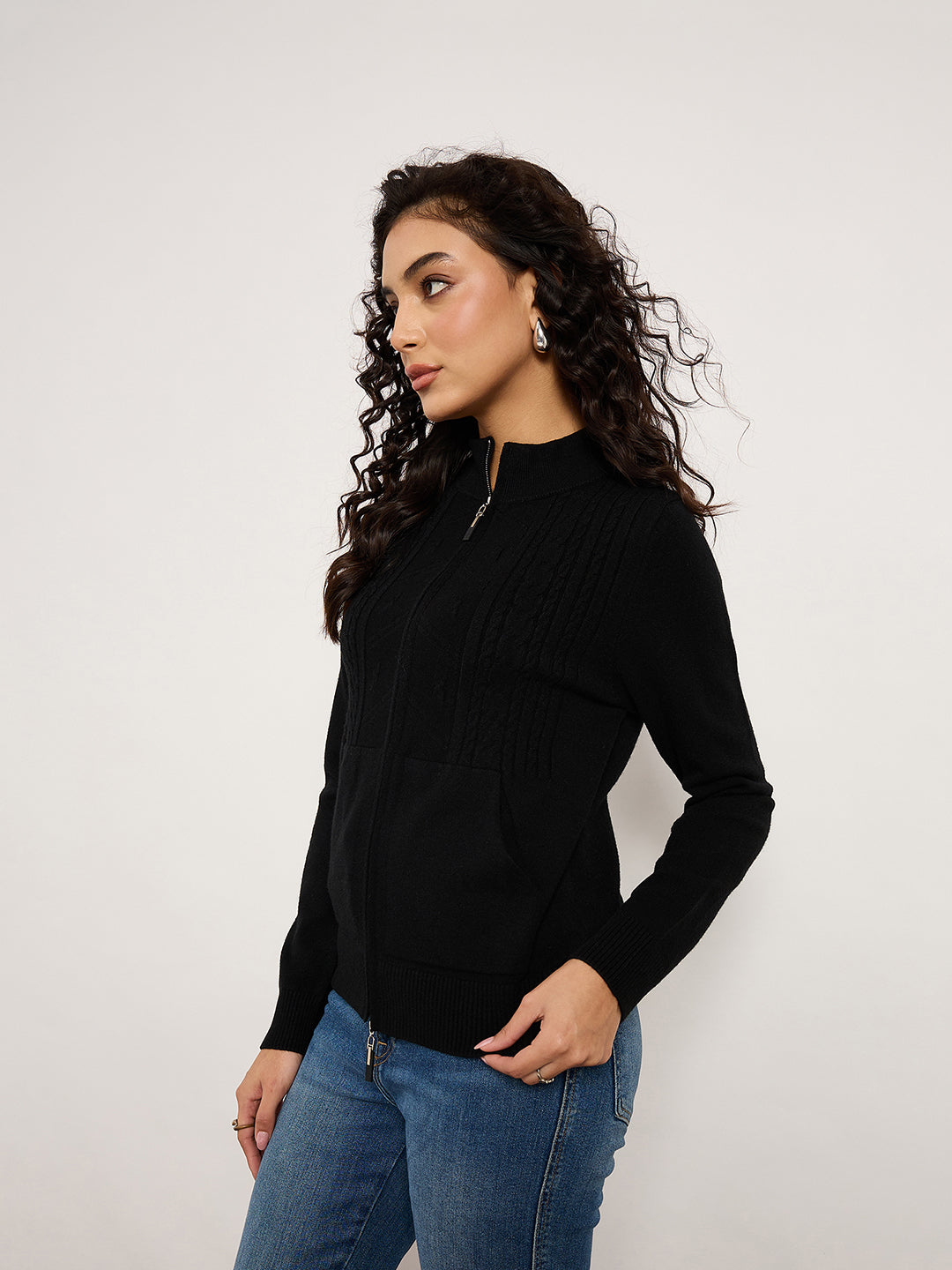 Black Jacquard Front-Zip Cardigan
