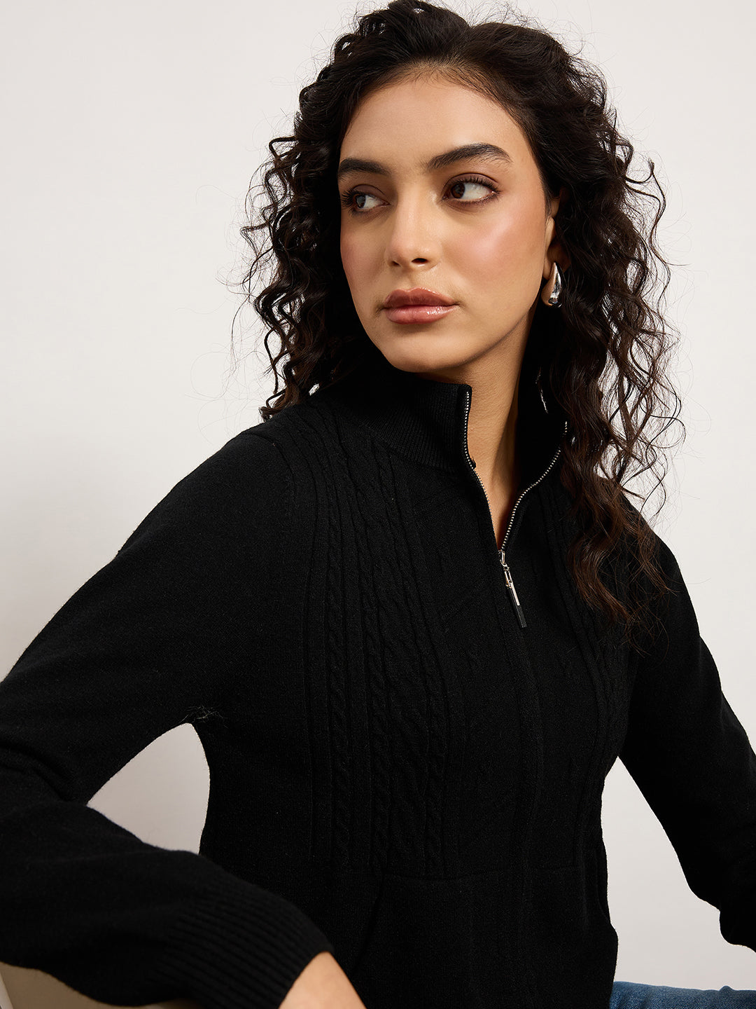Black Jacquard Front-Zip Cardigan