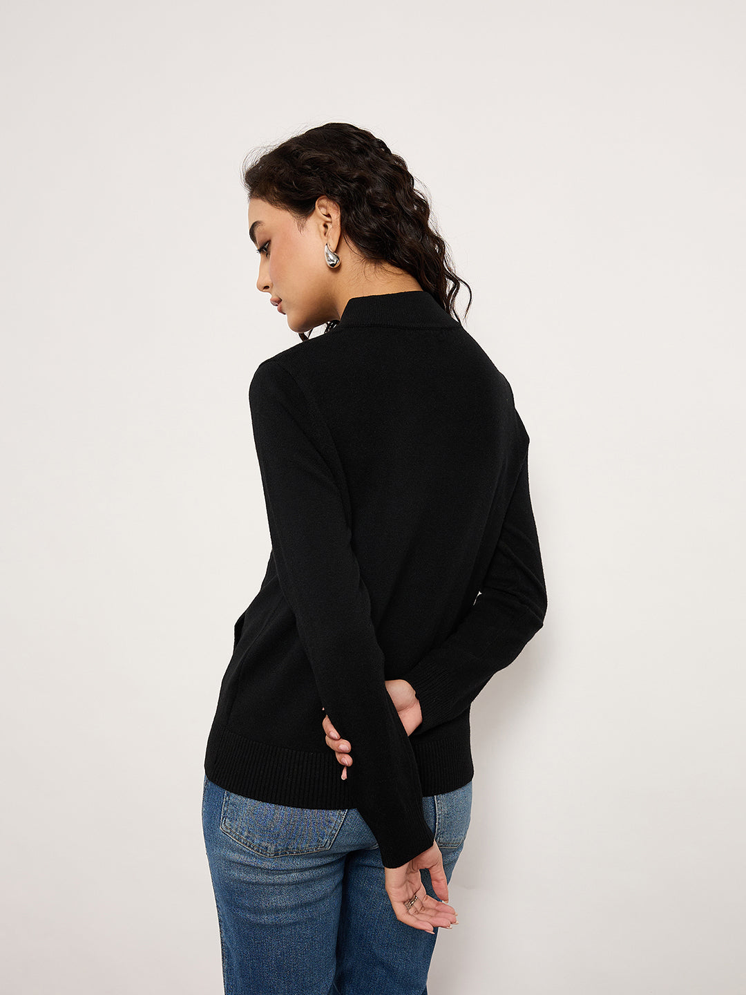 Black Jacquard Front-Zip Cardigan