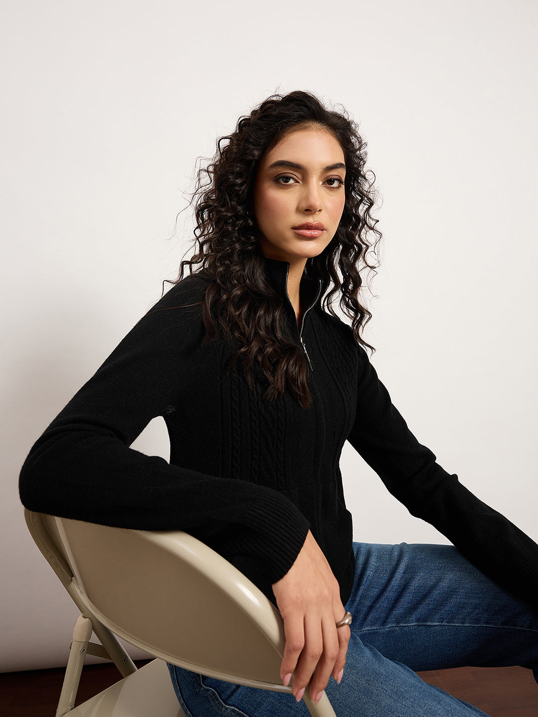 Black Jacquard Front-Zip Cardigan
