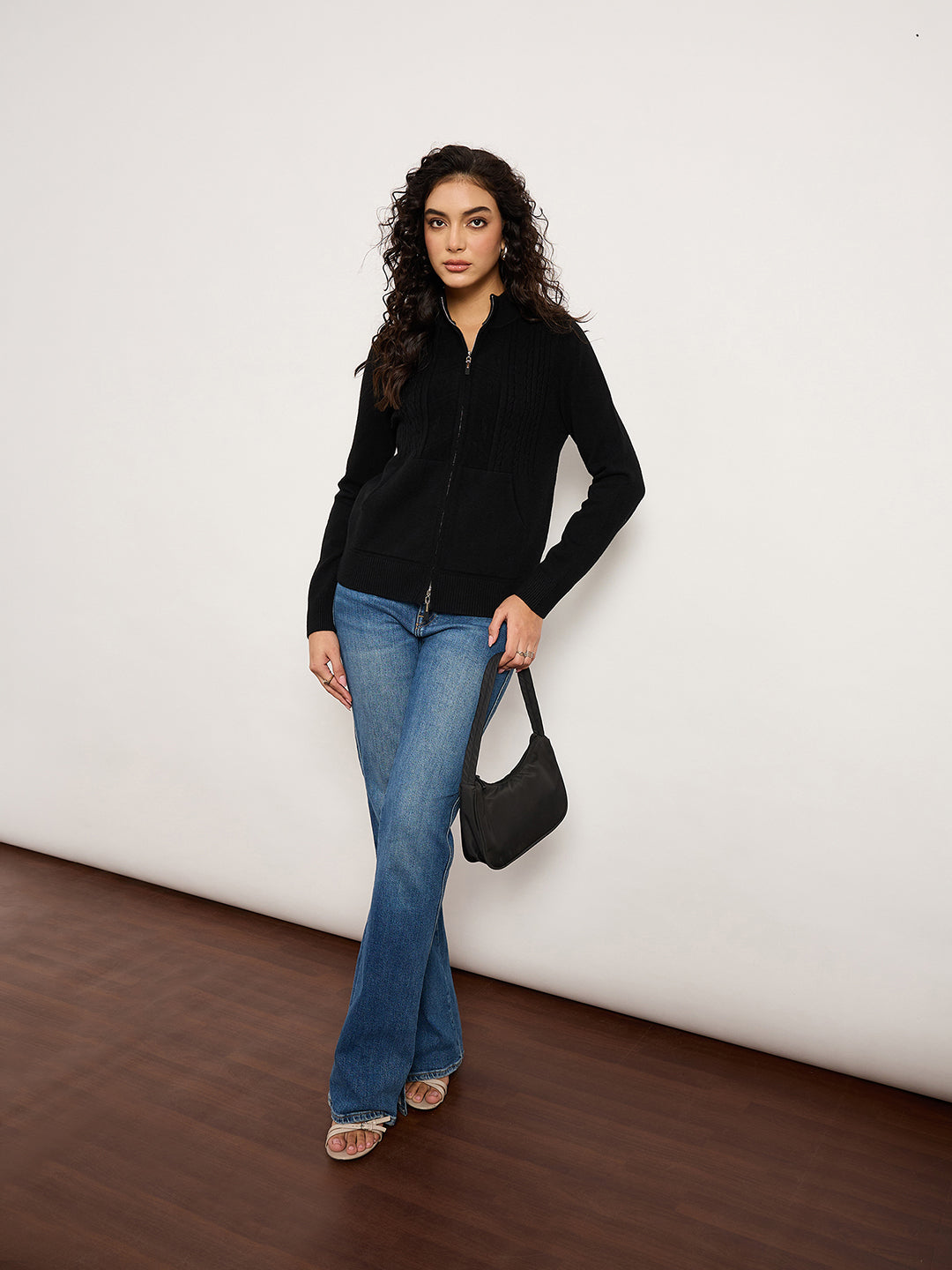 Black Jacquard Front-Zip Cardigan
