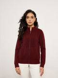 Maroon Jacquard Front-Zip Cardigan