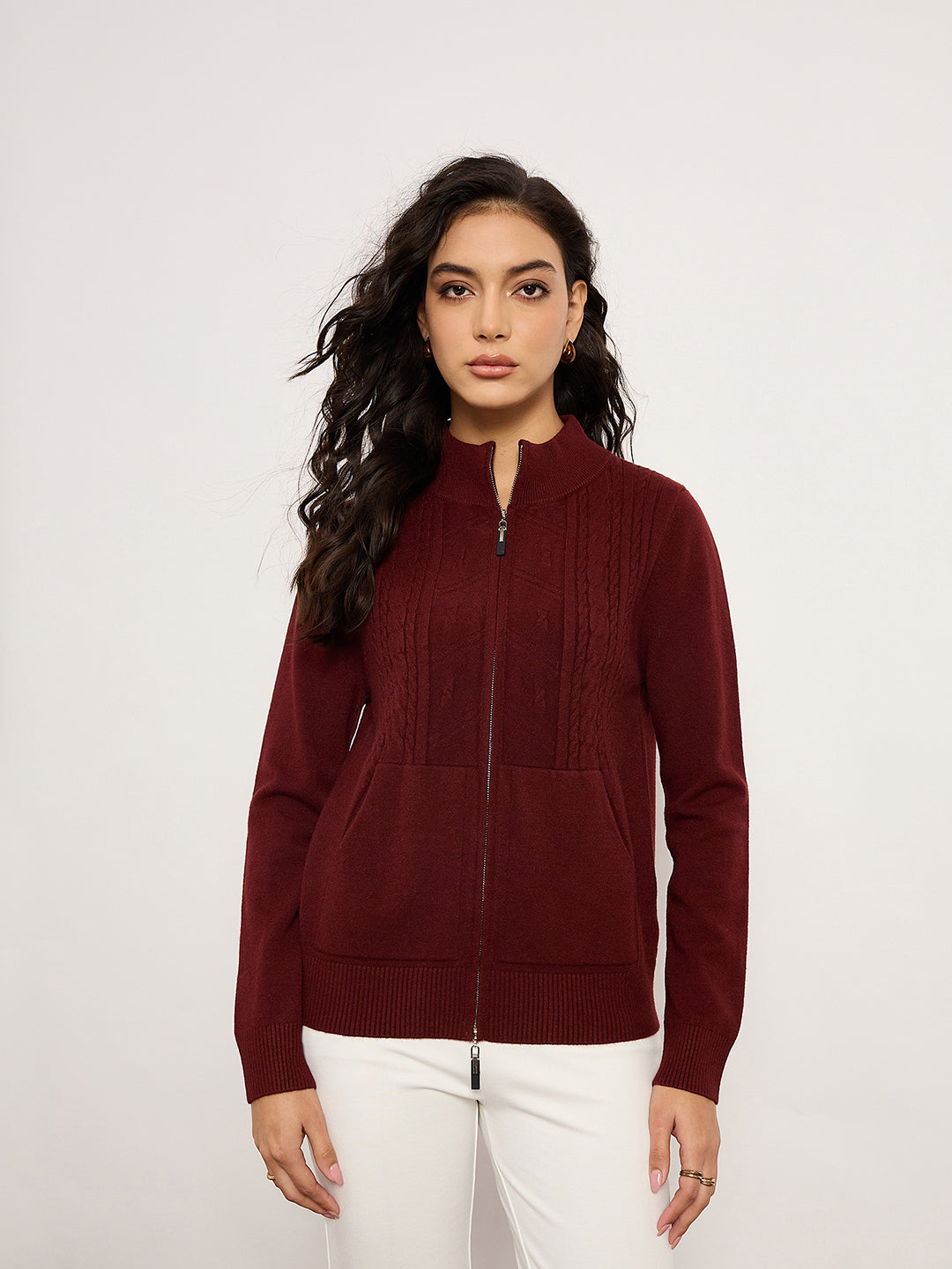 Maroon Jacquard Front-Zip Cardigan