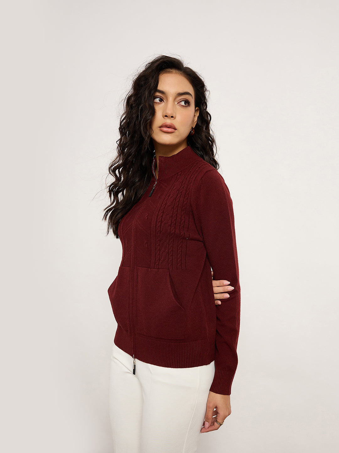 Maroon Jacquard Front-Zip Cardigan