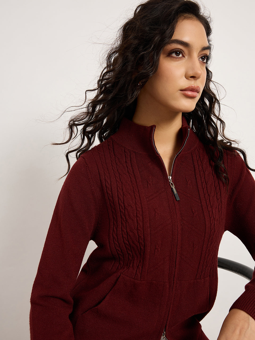 Maroon Jacquard Front-Zip Cardigan
