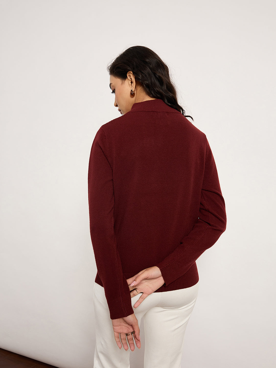 Maroon Jacquard Front-Zip Cardigan