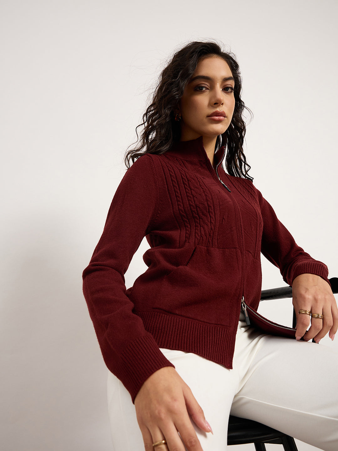Maroon Jacquard Front-Zip Cardigan
