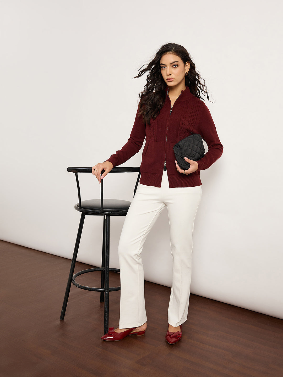 Maroon Jacquard Front-Zip Cardigan