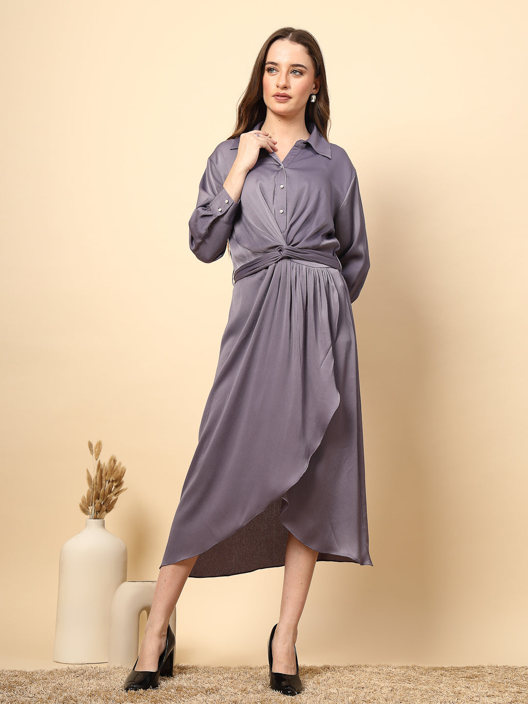 Steel Grey Satin Dress with Front Fall And Pearl Button