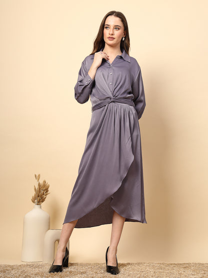 Steel Grey Satin Dress with Front Fall And Pearl Button