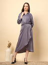 Steel Grey Satin Dress with Front Fall And Pearl Button