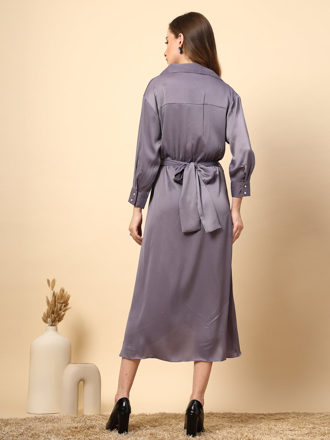 Steel Grey Satin Dress with Front Fall And Pearl Button
