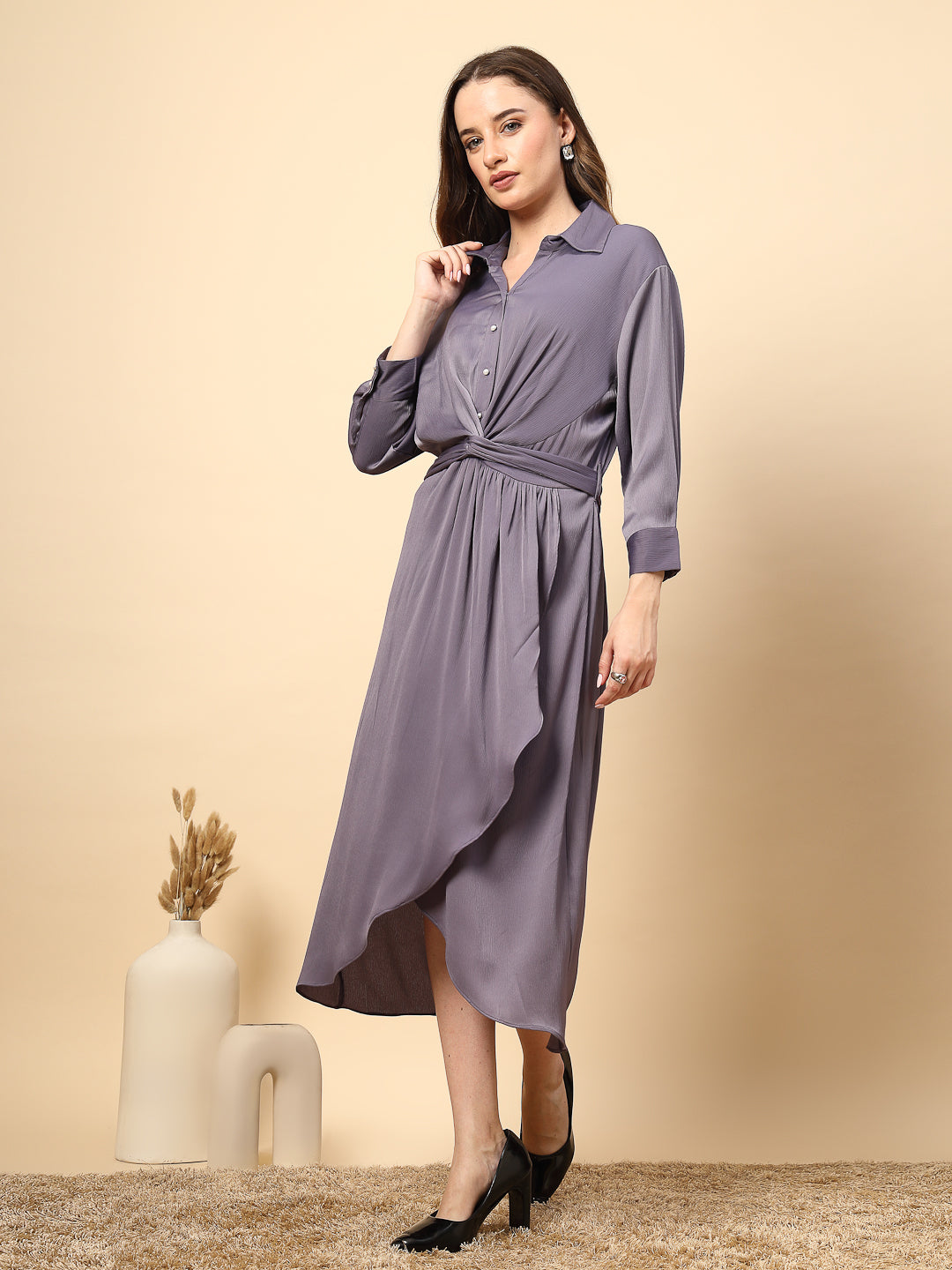 Steel Grey Satin Dress with Front Fall And Pearl Button
