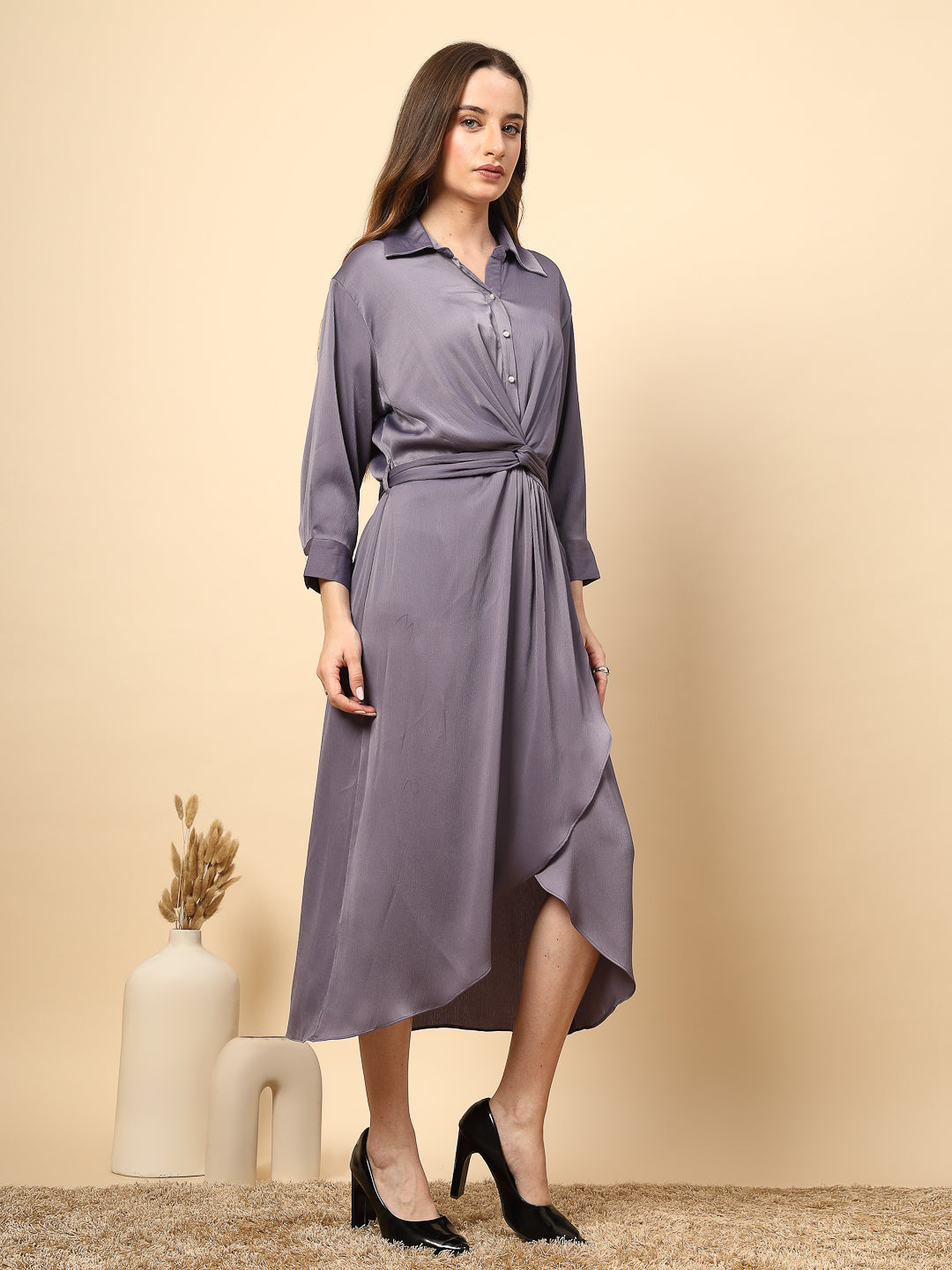 Steel Grey Satin Dress with Front Fall And Pearl Button