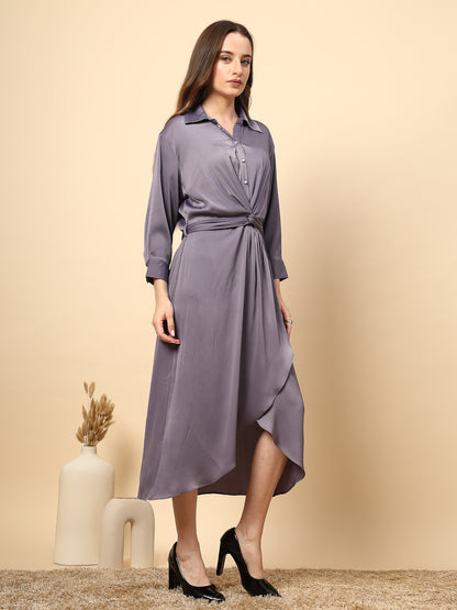 Steel Grey Satin Dress with Front Fall And Pearl Button