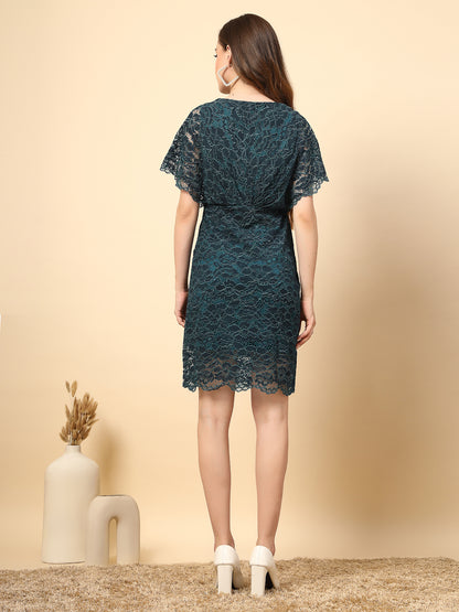 Bottle Green Dress with Front Pleated & Cap Sleeve Lace Flower Fabric