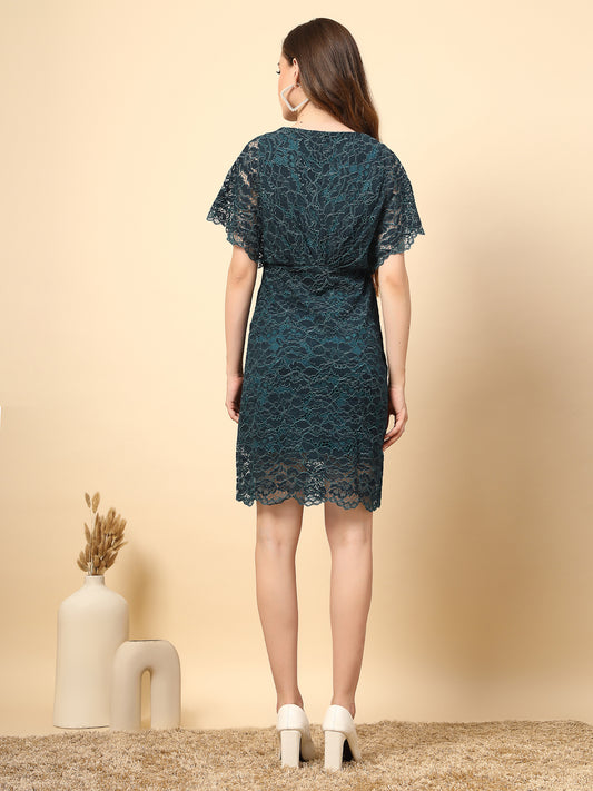 Bottle Green Dress with Front Pleated & Cap Sleeve Lace Flower Fabric