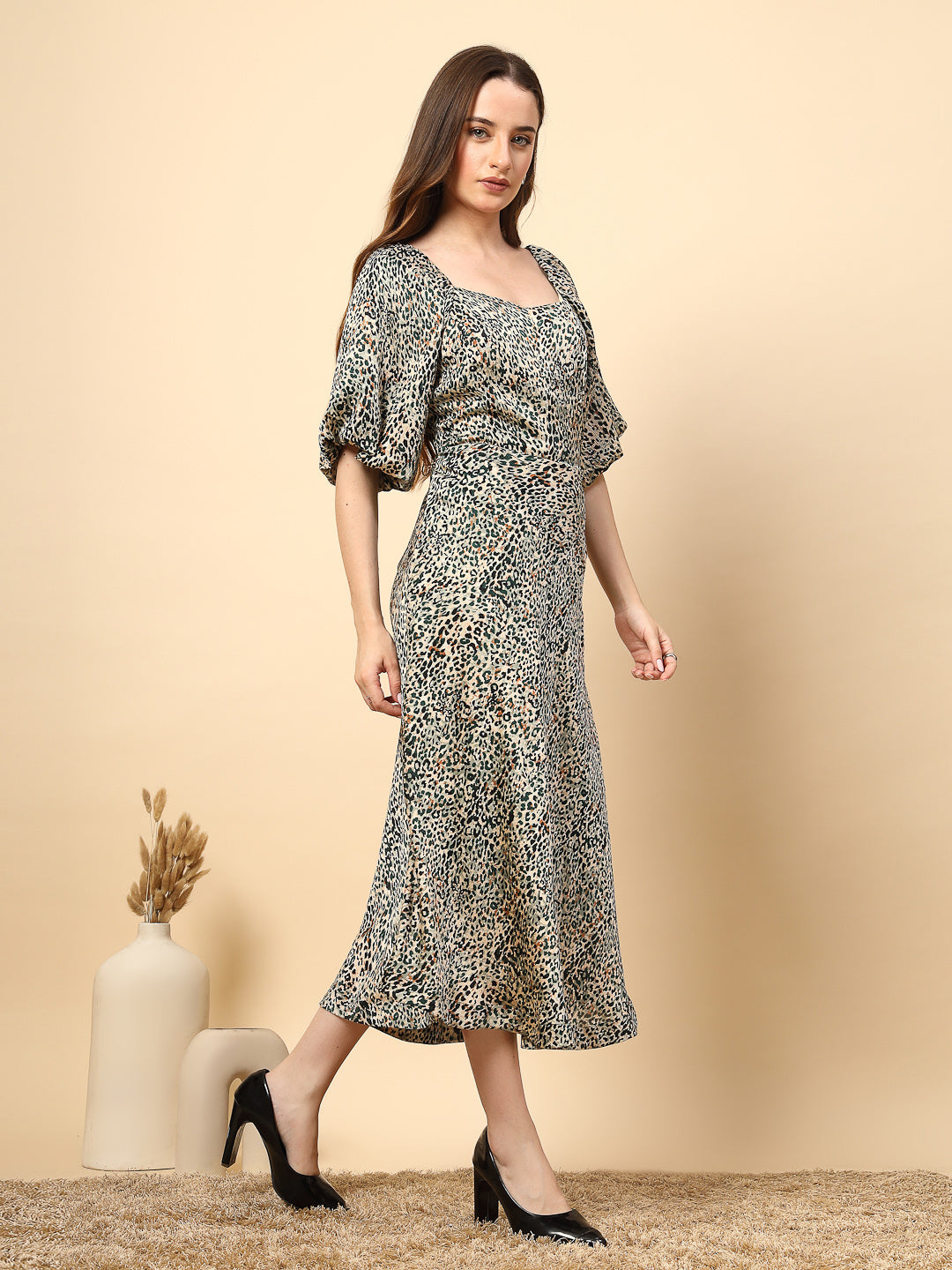 Bottle Green Animal Print Fabric Dress