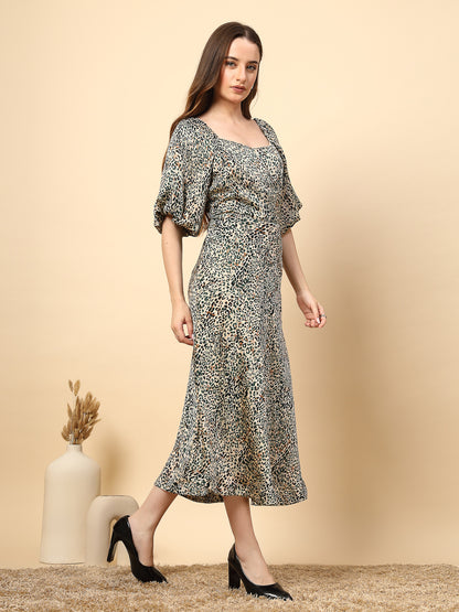 Bottle Green Animal Print Fabric Dress