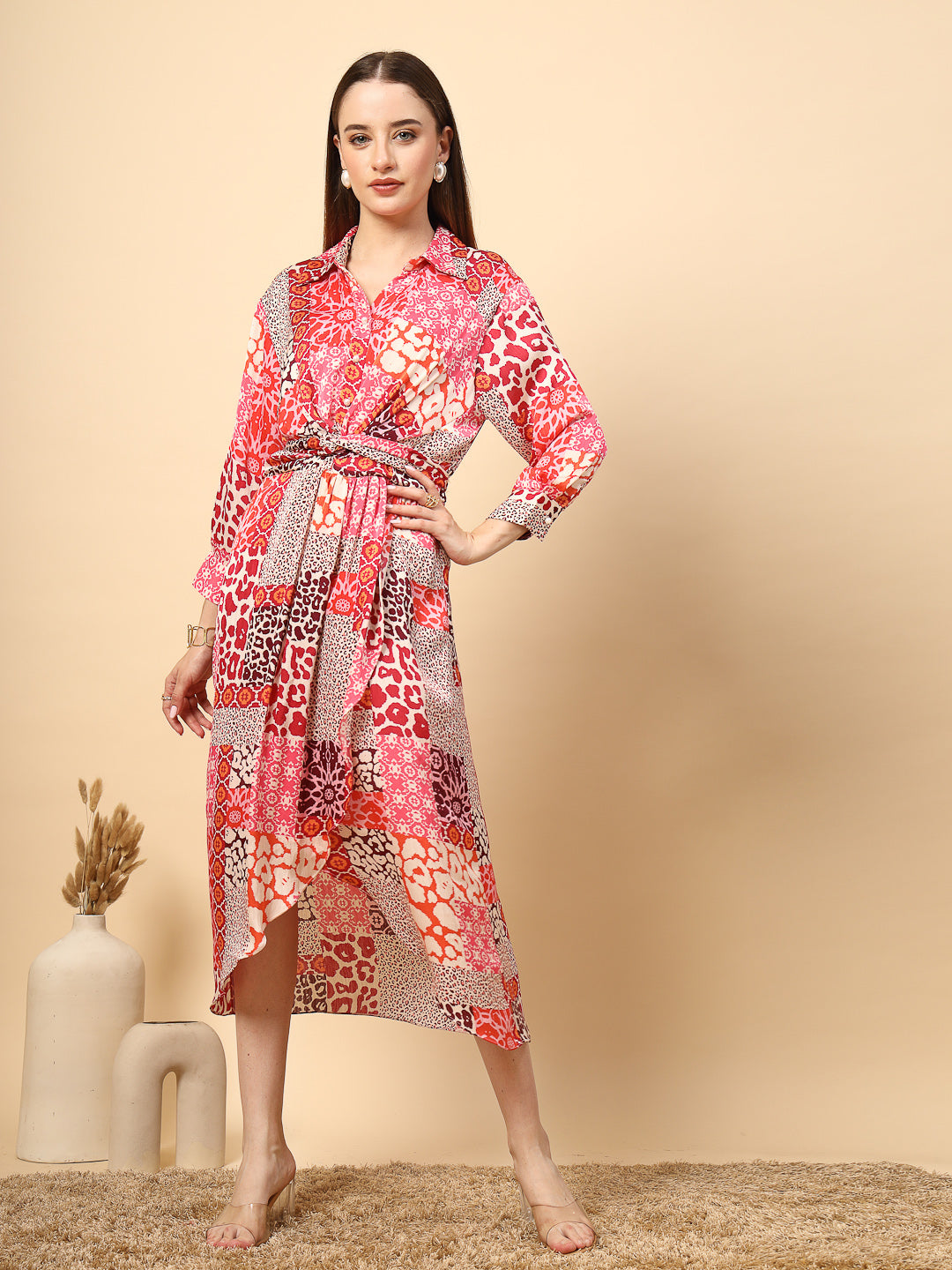 Printed Pink Dress with Front Fall And Pearl Button