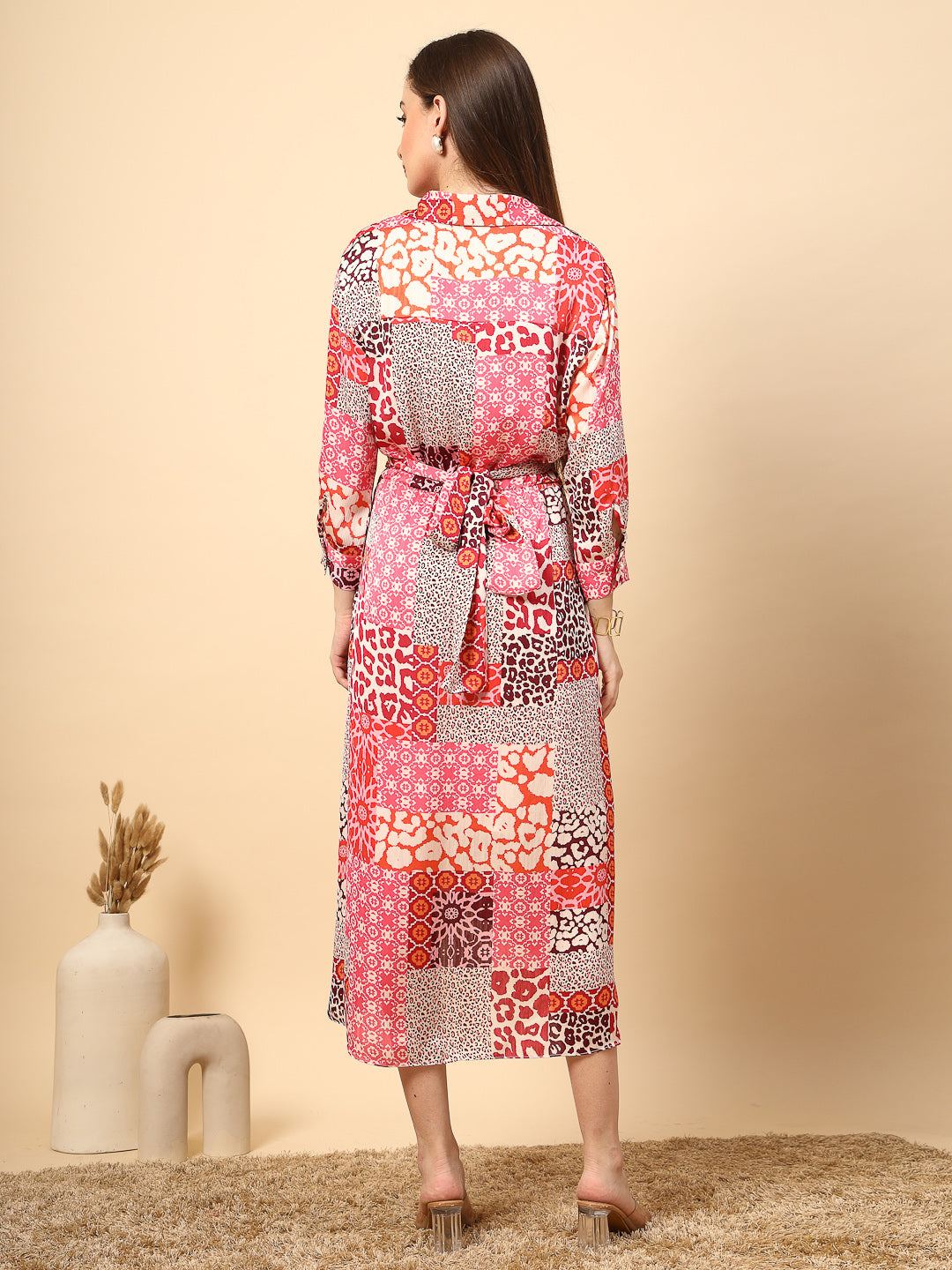 Printed Pink Dress with Front Fall And Pearl Button