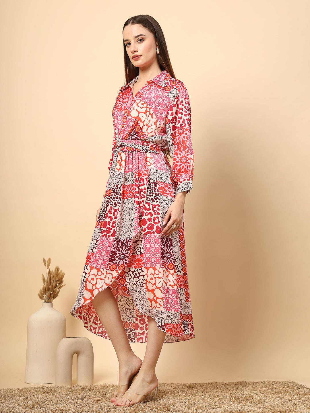 Printed Pink Dress with Front Fall And Pearl Button