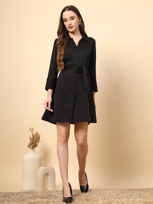 Black Dress with Embellished Collar & Cuff, Fabric Button, and Front Tie