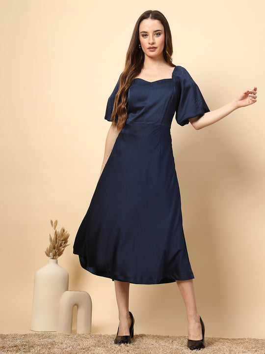 Solid Navy Dress With Flared Design