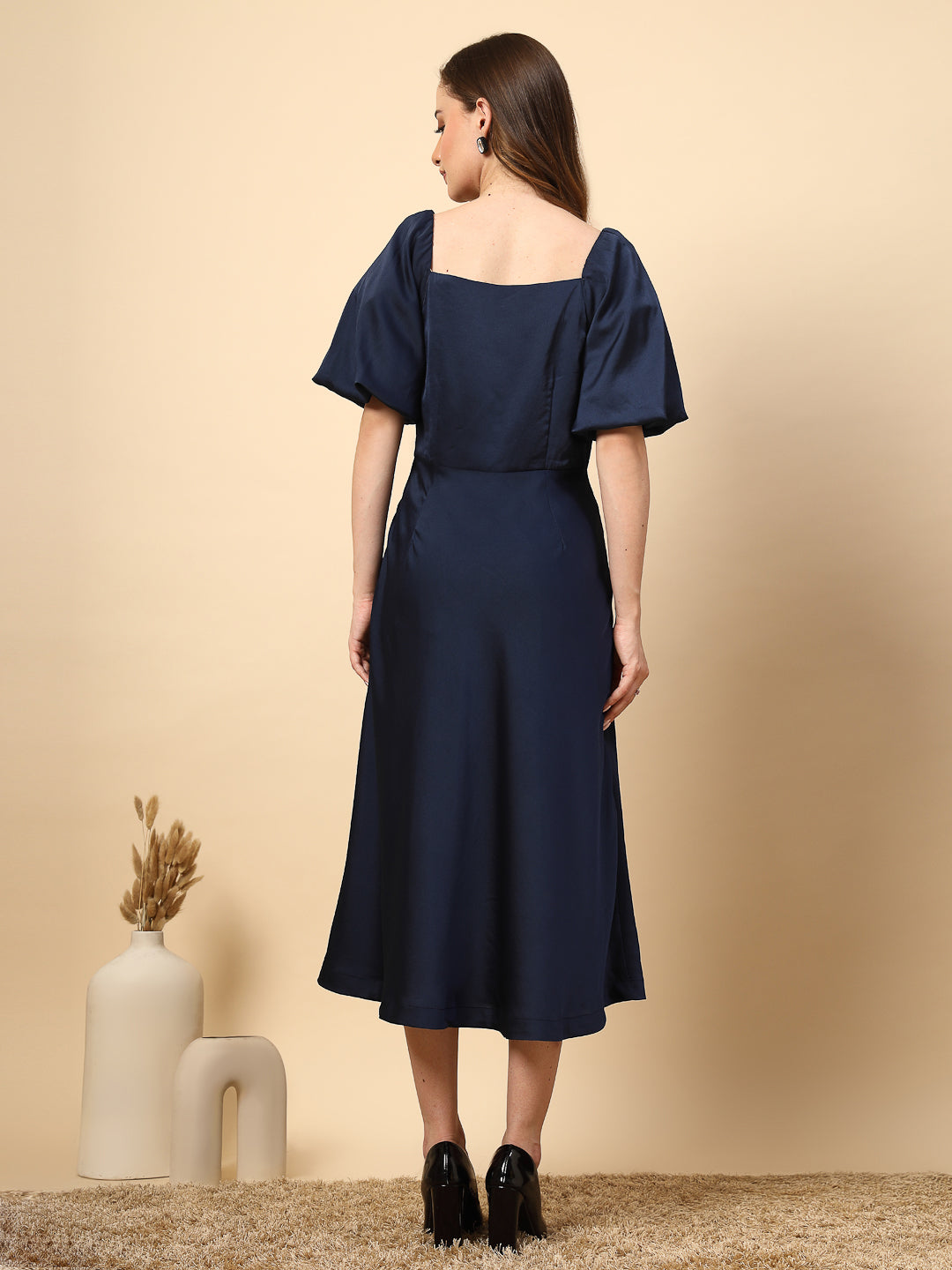 Solid Navy Dress With Flared Design