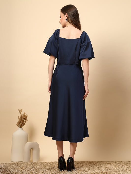 Solid Navy Dress With Flared Design