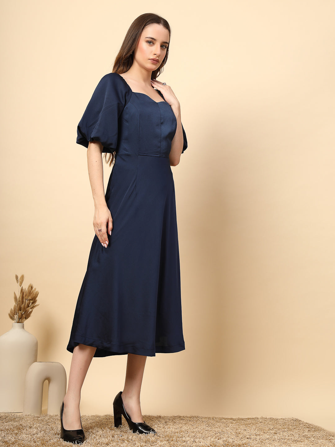 Solid Navy Dress With Flared Design