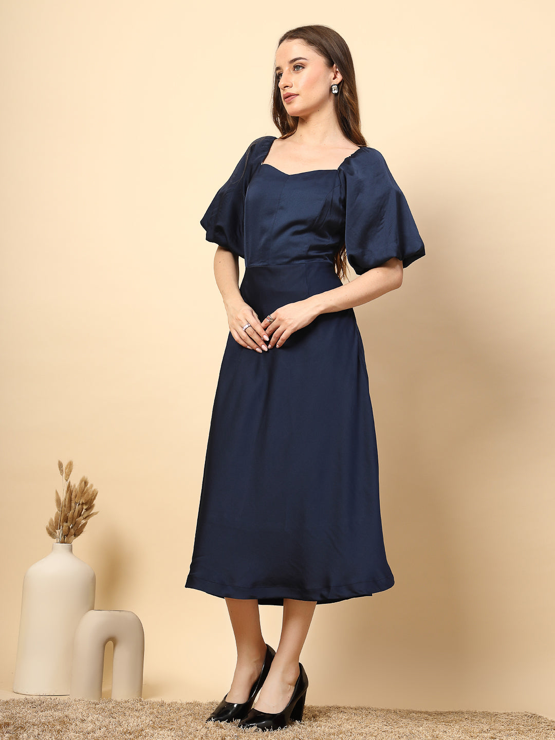 Solid Navy Dress With Flared Design