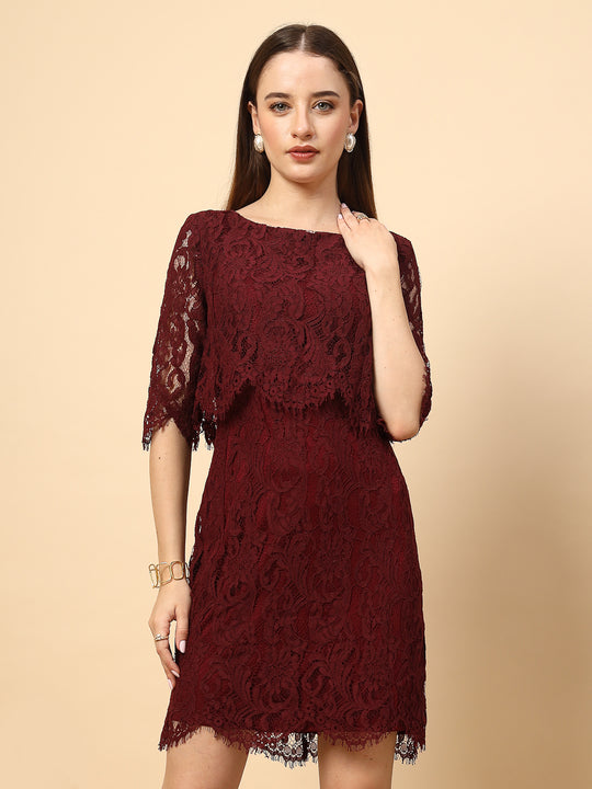 Wine Dress with Front and Back Layered Lace Flower Fabric
