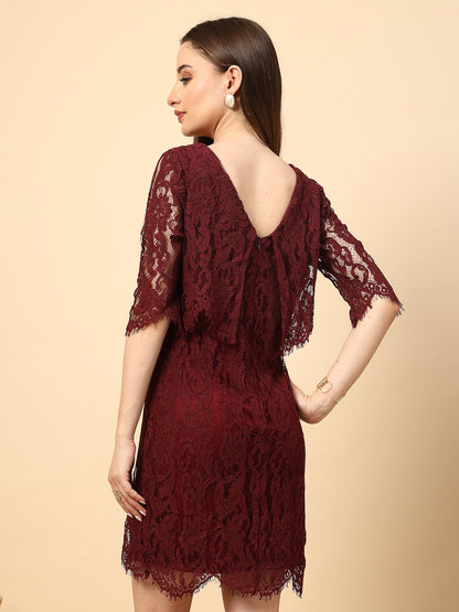 Wine Dress with Front and Back Layered Lace Flower Fabric