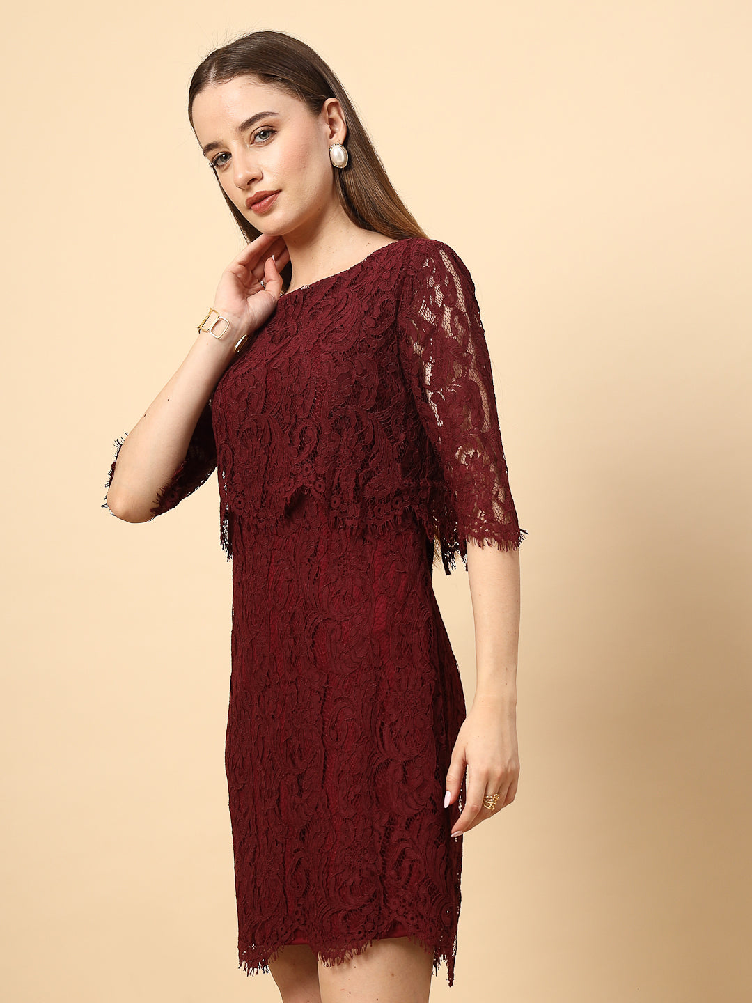 Wine Dress with Front and Back Layered Lace Flower Fabric