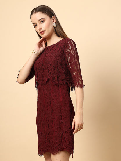 Wine Dress with Front and Back Layered Lace Flower Fabric