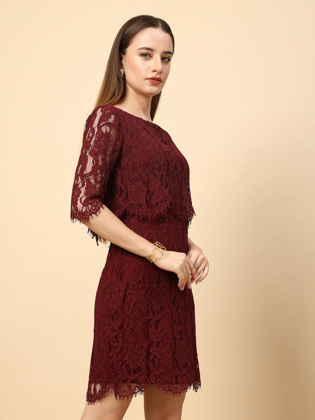 Wine Dress with Front and Back Layered Lace Flower Fabric