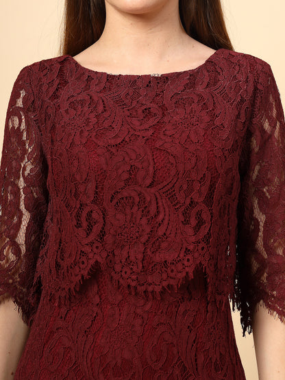 Wine Dress with Front and Back Layered Lace Flower Fabric