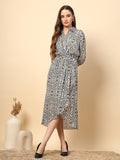 Black Dress with Pearl Button, Front Fall, and Printed Shiny Fabric