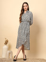 Black Dress with Pearl Button, Front Fall, and Printed Shiny Fabric