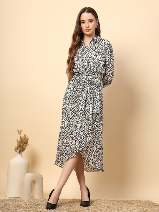 Black Dress with Pearl Button, Front Fall, and Printed Shiny Fabric