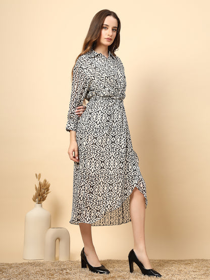 Black Dress with Pearl Button, Front Fall, and Printed Shiny Fabric