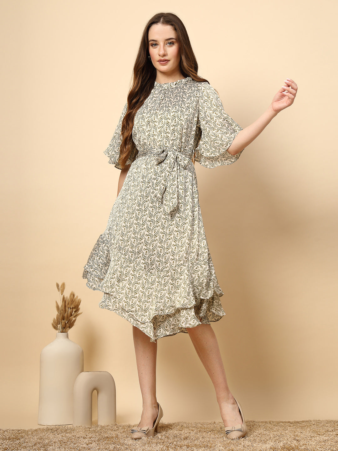 Olive Printed Dress with Neck and Bottom Frill