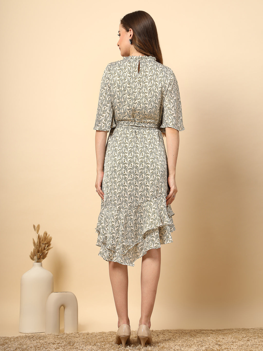 Olive Printed Dress with Neck and Bottom Frill