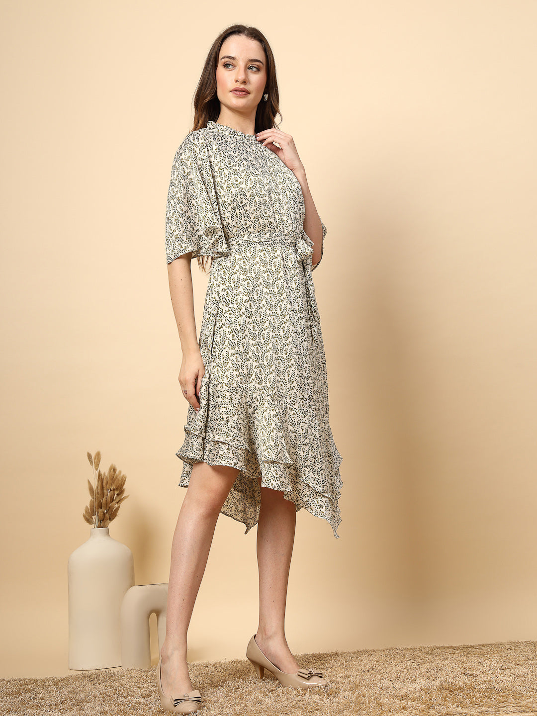 Olive Printed Dress with Neck and Bottom Frill