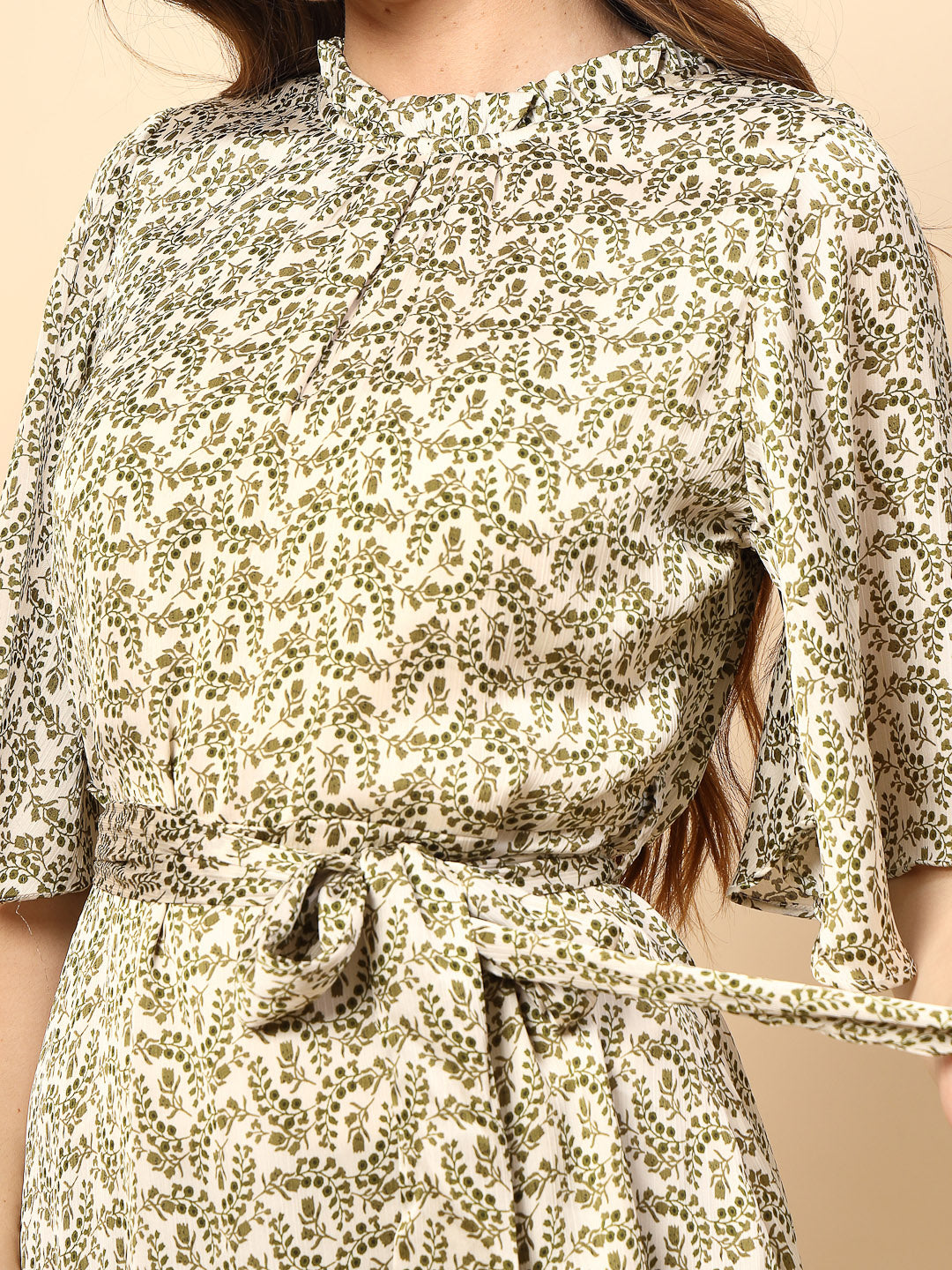 Olive Printed Dress with Neck and Bottom Frill